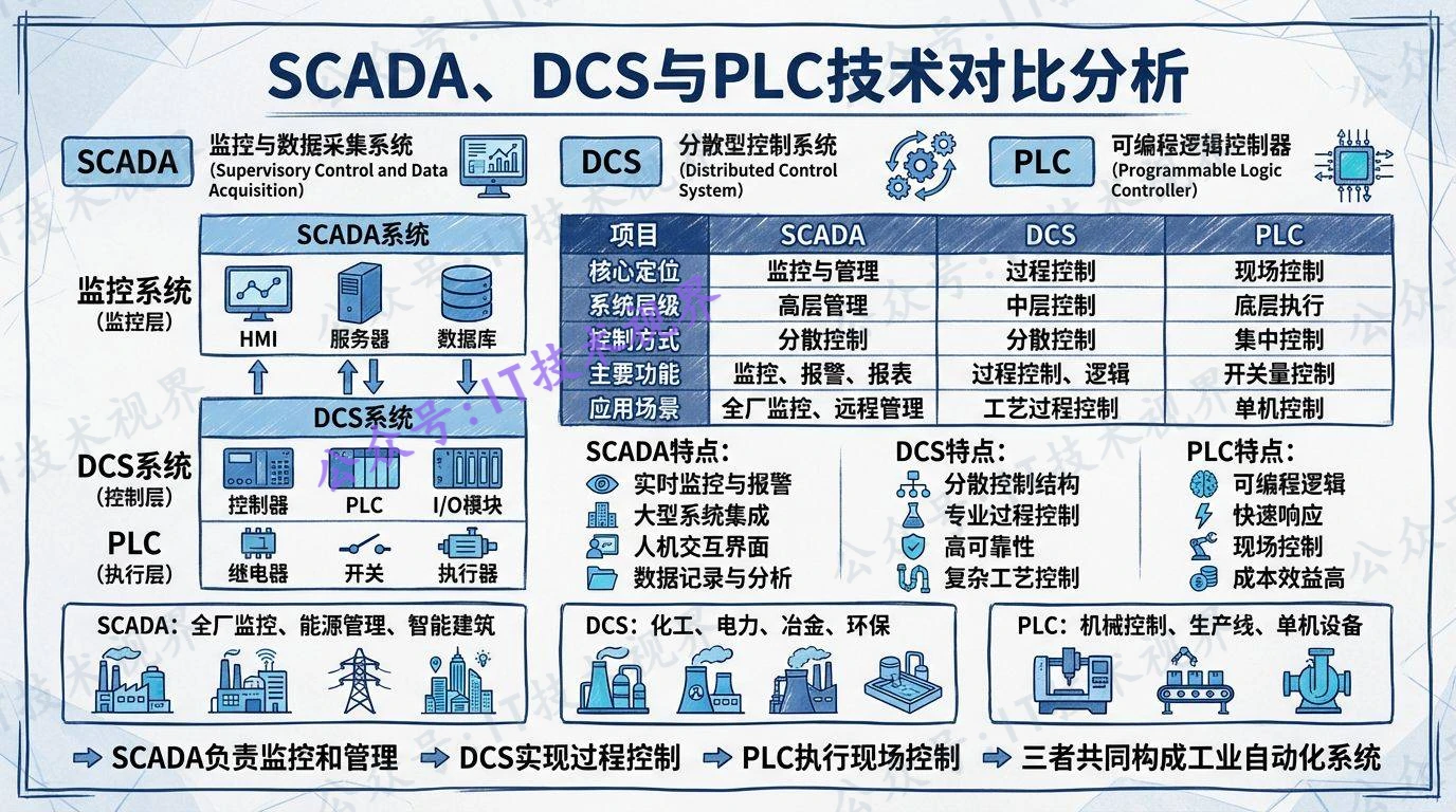 SCADA、DCS 与 PLC 的区别与联系：工业自动化三大核心体系解析-第1张图片-IT技术视界